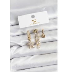 Pirinç Gold Renk Zirkon Taşlı Yıldız Vintage Model YSX Trio Küpe Seti - TJ-BKP11562