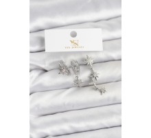 Pirinç Gümüş Renk Zirkon Taşlı Kutup Yıldızı Model YSX Trio Küpe Seti - TJ-BKP11565