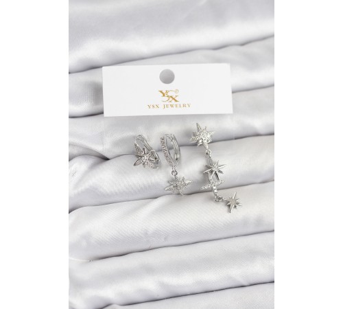 Pirinç Gümüş Renk Zirkon Taşlı Kutup Yıldızı Model YSX Trio Küpe Seti - TJ-BKP11565