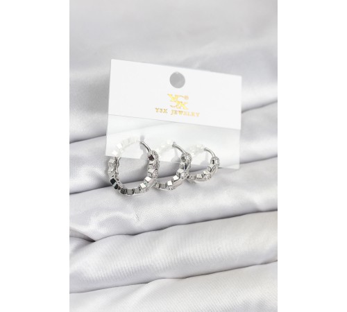 Pirinç Gümüş Renk Zirkon Taşlı Petek Halka Model YSX Trio Küpe Seti - TJ-BKP11567