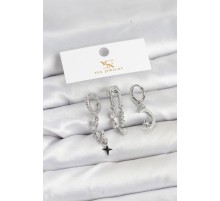 Pirinç Gümüş Renk Zirkon Taşlı Uzay Model YSX Trio Küpe Seti - TJ-BKP11569