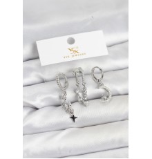 Pirinç Gümüş Renk Zirkon Taşlı Uzay Model YSX Trio Küpe Seti - TJ-BKP11569