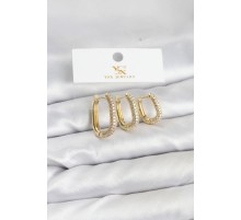 Pirinç Gold Renk Zirkon Taşlı Halka Model YSX Trio Küpe Seti - TJ-BKP11570
