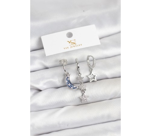 Pirinç Gümüş Renk Zirkon Taşlı Ay ve Yıldız Model YSX Trio Küpe Seti - TJ-BKP11575