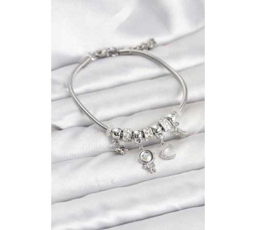 Pirinç Gümüş Renk Uzay Tema Charmlı Kadın Bileklik - TJ-BB8178