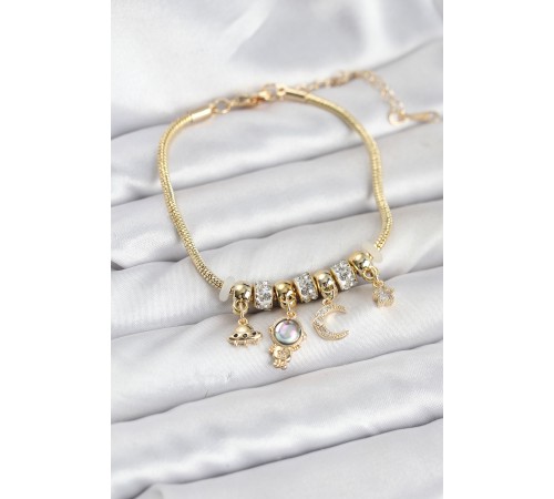 Pirinç Gold Renk Uzay Tema Charmlı Kadın Bileklik - TJ-BB8179
