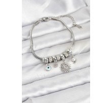 Pirinç Gümüş Renk Güneş Charmlı Kadın Bileklik - TJ-BB8184
