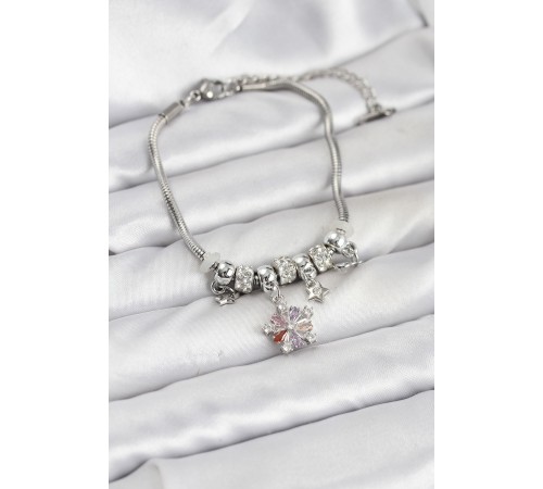 Pirinç Gümüş Renk Renkli Yıldız Charmlı Kadın Bileklik - TJ-BB8186