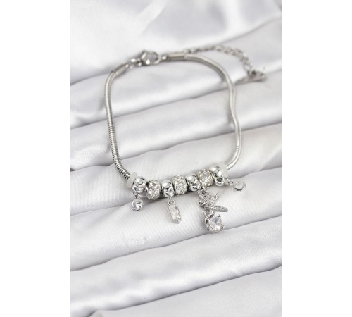 Pirinç Gümüş Renk Tinkerbell Charmlı Kadın Bileklik - TJ-BB8188