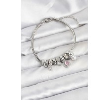 Pirinç Gümüş Renk Pembe Kalp Charmlı Kadın Bileklik - TJ-BB8190