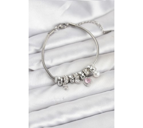 Pirinç Gümüş Renk Pembe Kalp Charmlı Kadın Bileklik - TJ-BB8190