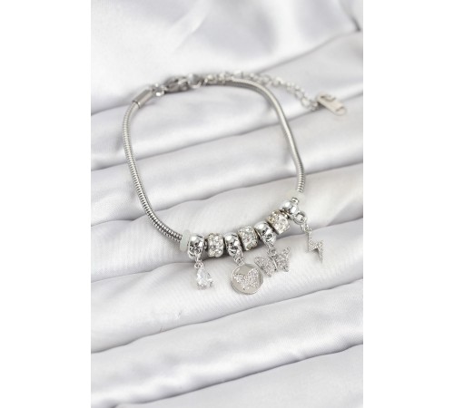 Pirinç Gümüş Renk Kelebek Charmlı Kadın Bileklik - TJ-BB8192