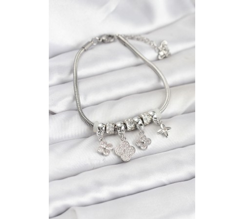 Pirinç Gümüş Renk Yonca Model Kadın Bileklik - TJ-BB8194