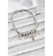 Pirinç Gümüş Renk Kanatlı Charmlı Kadın Bileklik - TJ-BB8198