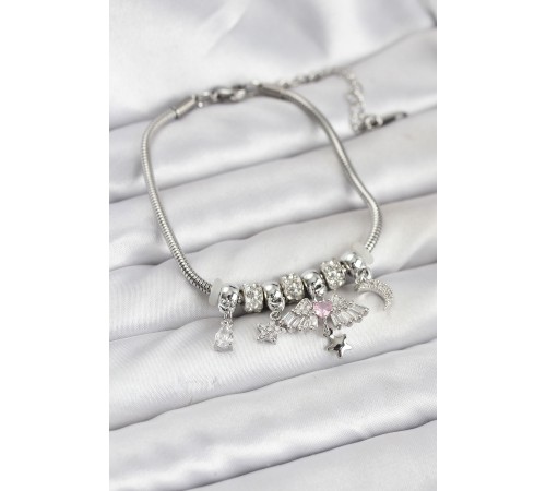 Pirinç Gümüş Renk Kanatlı Charmlı Kadın Bileklik - TJ-BB8198