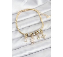 Gold Renk Pirinç Yonca Charmlı Kadın Bileklik - TJ-BB8203