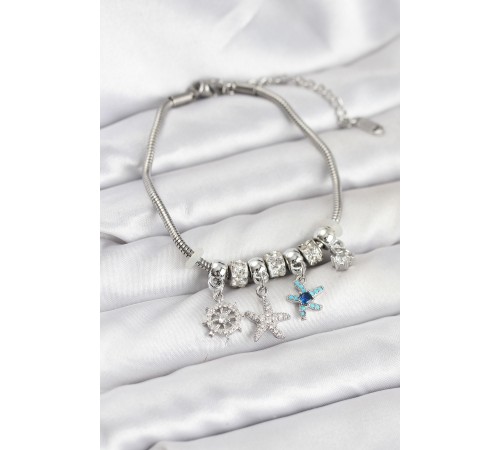 Pirinç Gümüş Renk Deniz Tema Charmlı Kadın Bileklik - TJ-BB8206