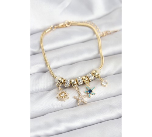 Pirinç Gold Renk Deniz Tema Charmlı Kadın Bileklik - TJ-BB8207