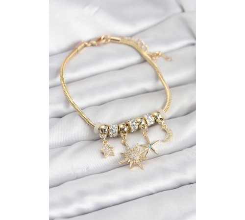 Pirinç Gold Renk Güneş Tema Charmlı Kadın Bileklik - TJ-BB8211