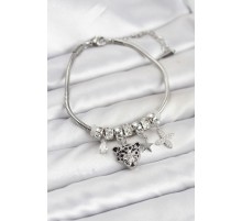 Pirinç Gümüş Renk Kaplan Model Charmlı Kadın Bileklik - TJ-BB8212