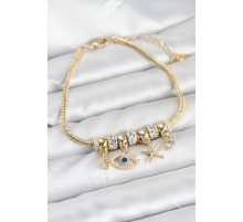 Pirinç Gold Renk Göz Model Charmlı Kadın Bileklik - TJ-BB8217