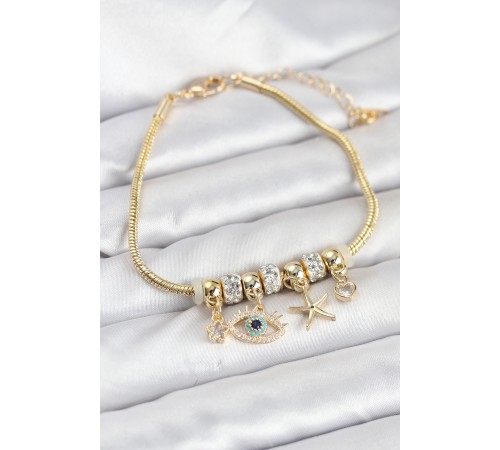 Pirinç Gold Renk Göz Model Charmlı Kadın Bileklik - TJ-BB8217