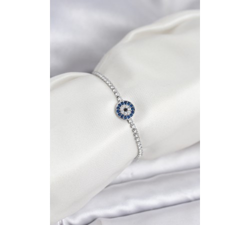 Gümüş Renk Nazar Model Zirkon Taşlı Asansörlü Su Yolu Bileklik - TJ-BB8237