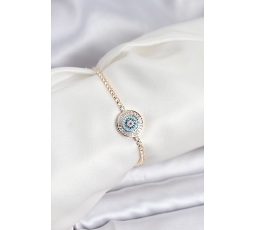 Gold Renk Nazar Model Zirkon Taşlı Asansörlü Su Yolu Bileklik - TJ-BB8238