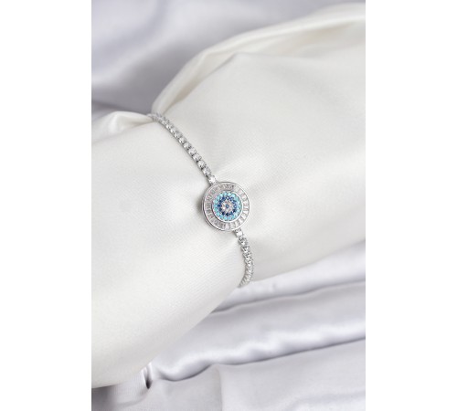 Nazar Model Zirkon Taşlı Gümüş Renk Asansörlü Su Yolu Bileklik - TJ-BB8239