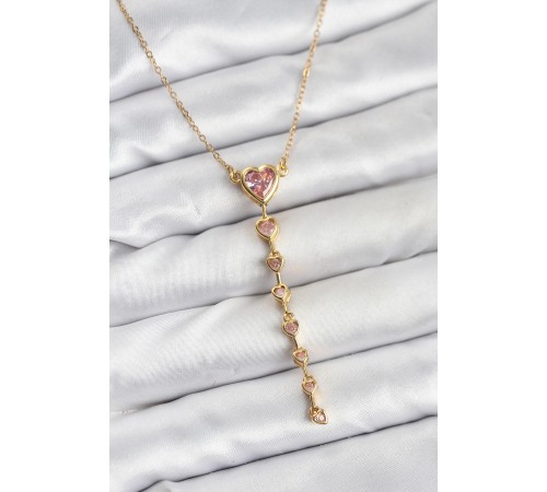316L Çelik Zincir Gold Renk Pembe Kalp Kadın Kolye - TJ-BKO10820
