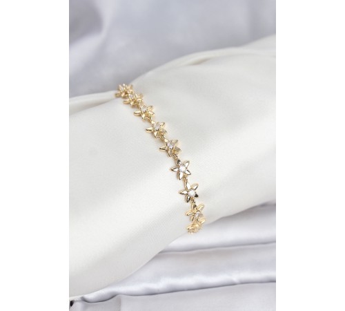 Pirinç Gold Renk VIP Seri Sıralı Taşlı Yıldız Model Zirkon Taşlı Kadın Bileklik - TJ-BB8272