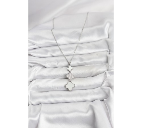 316L Çelik Zincir Gümüş Renk Yonca Detaylı Zirkon Taşlı Kadın Kolye - TJ-BKO10828