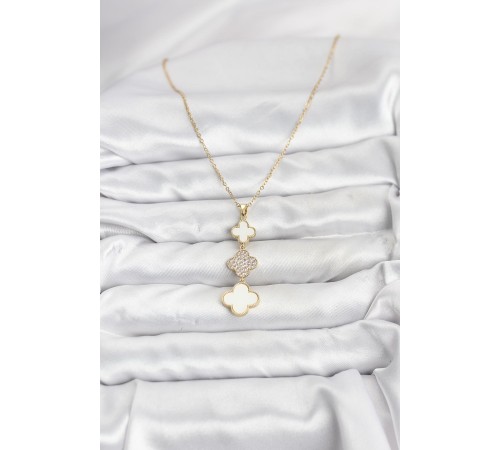 316L Çelik Zincir Gold Renk Yonca Detaylı Zirkon Taşlı Kadın Kolye - TJ-BKO10829