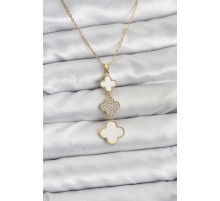 316L Çelik Zincir Gold Renk Yonca Detaylı Zirkon Taşlı Kadın Kolye - TJ-BKO10829