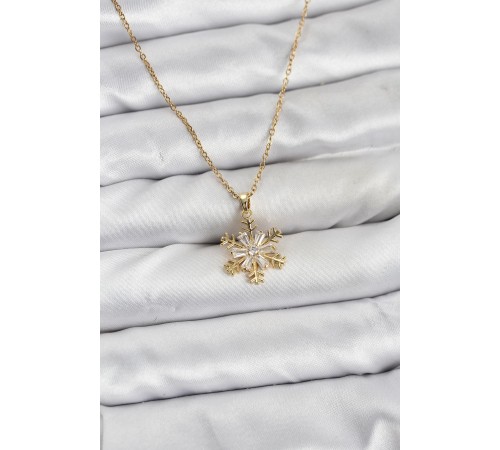 316L Çelik Zincir Gold Renk Kar Tanesi Model Zirkon Taşlı Kadın Kolye - TJ-BKO10831