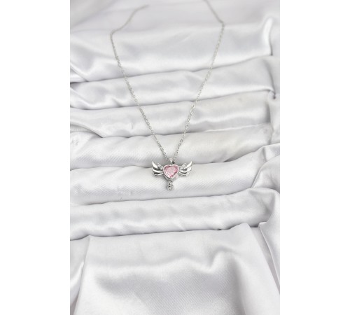 316L Çelik Zincir Gümüş Renk Kanatlı Kalp Model Zirkon Taşlı Kadın Kolye - TJ-BKO10836