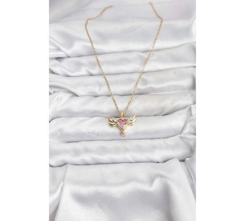 316L Çelik Zincir Gold Renk Kanatlı Kalp Model Zirkon Taşlı Kadın Kolye - TJ-BKO10837