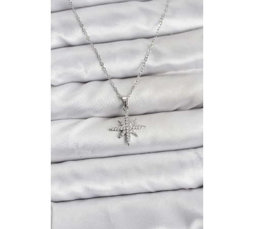 316L Çelik Zincir Gümüş Renk Kutup Yıldızı Model Zirkon Taşlı Kadın Kolye - TJ-BKO10838