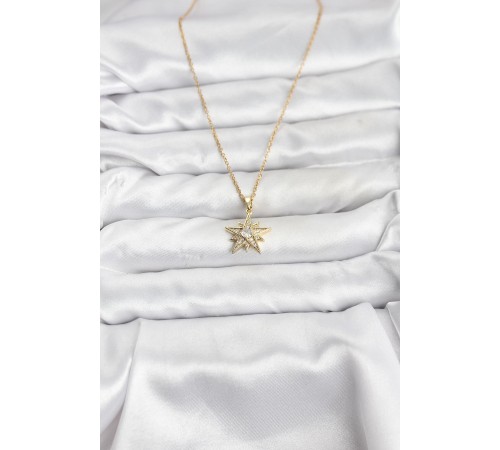 316L Çelik Zincir Gold Renk Yıldız Model Zirkon Taşlı Kadın Kolye - TJ-BKO10844