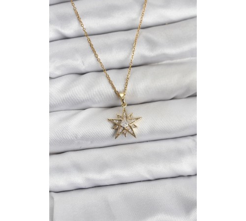 316L Çelik Zincir Gold Renk Yıldız Model Zirkon Taşlı Kadın Kolye - TJ-BKO10844