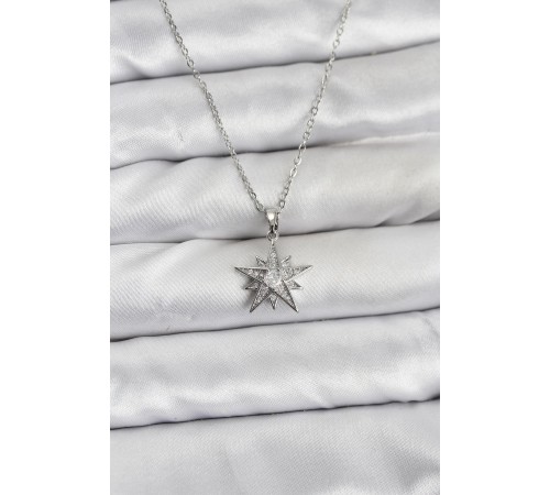 316L Çelik Zincir Gümüş Renk Yıldız Model Zirkon Taşlı Kadın Kolye - TJ-BKO10845