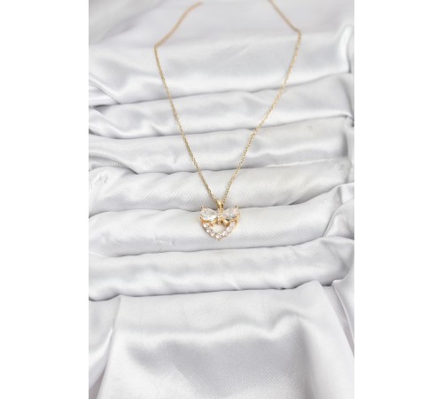 316L Çelik Zincir Gold Renk Kalp ve Fiyonk Model Zirkon Taşlı Kadın Kolye - TJ-BKO10848