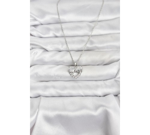 316L Çelik Zincir Gümüş Renk Kalp ve Fiyonk Model Zirkon Taşlı Kadın Kolye - TJ-BKO10849