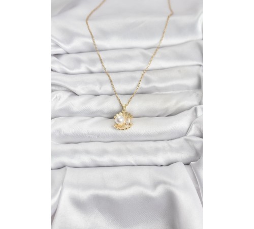 316L Çelik Zincir Gold Renk İstiridye İnci Model Zirkon Taşlı Kadın Kolye - TJ-BKO10850