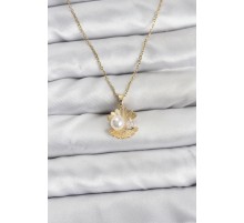 316L Çelik Zincir Gold Renk İstiridye İnci Model Zirkon Taşlı Kadın Kolye - TJ-BKO10850