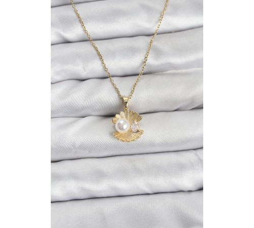 316L Çelik Zincir Gold Renk İstiridye İnci Model Zirkon Taşlı Kadın Kolye - TJ-BKO10850
