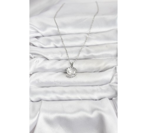 316L Çelik Zincir Gümüş Renk İstiridye İnci Model Zirkon Taşlı Kadın Kolye - TJ-BKO10851