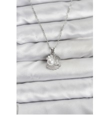 316L Çelik Zincir Gümüş Renk İstiridye İnci Model Zirkon Taşlı Kadın Kolye - TJ-BKO10851