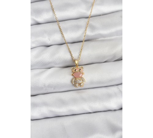 316L Çelik Zincir Gold Renk Teddy Bear Model Zirkon Taşlı Kadın Kolye - TJ-BKO10852