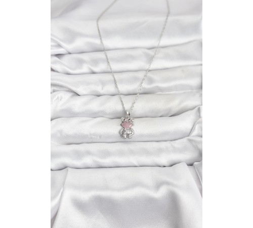 316L Çelik Zincir Gümüş Renk Teddy Bear Model Zirkon Taşlı Kadın Kolye - TJ-BKO10853